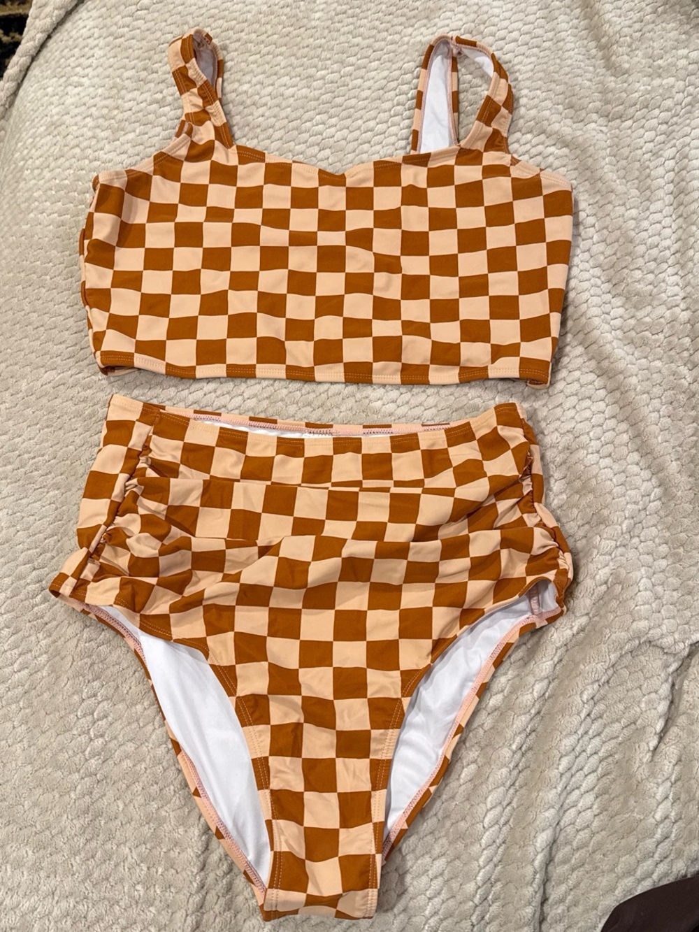 High-Waist Checkered Bikini Set in Tan and Cream